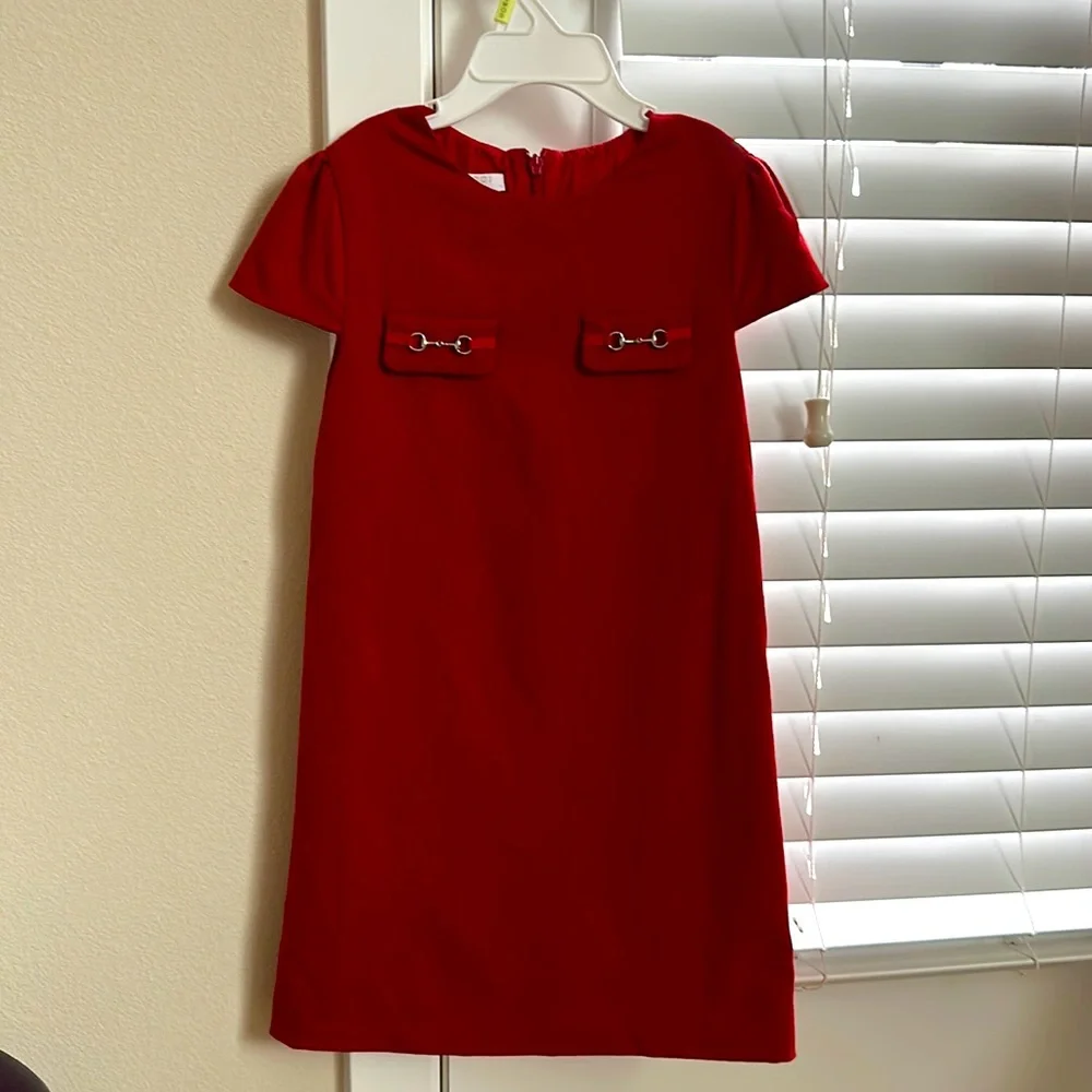 Gucci Red Girls' Short Sleeve Shift Dress with Horsebit Detail